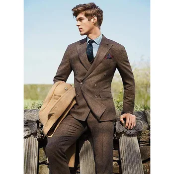 Элегантный мужской костюм, пиджак, брюки, приталенный повседневный модный дизайн, двубортные брюки из шерстяного твида, мужской полный комплект