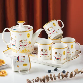Японский Керамический Кофейный Чайный Сервиз Lucky Cat Креативный Мультяшный Кот Наборы для воды Чайник Кофейная Чашка Украшение домашнего бара Посуда для напитков