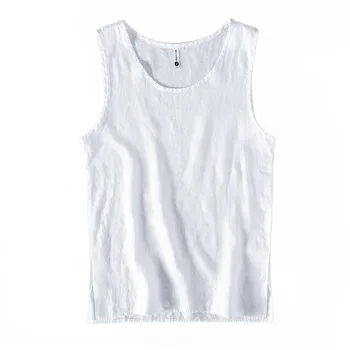Японский минималистичный льняной жилет, мужской летний дышащий тонкий камзол, большая свободная пляжная льняная футболка без рукавов