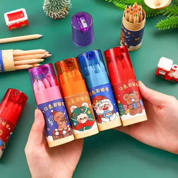 12 Цветных карандашей для рисования Мультяшный Рождественский карандаш для рисования в начальной школе Рождественский Подарочный Тубус Набор цветных карандашей Подарок на День рождения