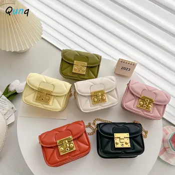 2023 Qunq Summer INS Новая мода для девочек, однотонная маленькая квадратная сумка на цепочке через плечо, милые детские повседневные сумки через плечо принцессы