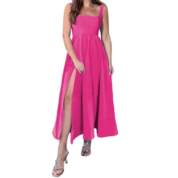 2023 Женские платья, сексуальное платье-жилет без рукавов с квадратным вырезом, платье средней длины с разрезом на ремешке, платья-слинги для женщин больших размеров