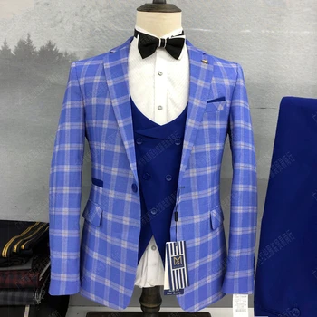 2023 Модный Новый мужской бутик для отдыха, деловой Клетчатый приталенный костюм, брюки, жилет, комплект из 3 предметов, Блейзеры, куртка, платье, Жилет, брюки
