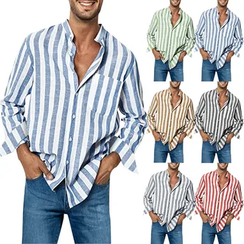 2023, Новая мужская повседневная блузка, хлопковая льняная рубашка, Свободные топы, футболка с длинным рукавом, Весна-осень, Повседневные Красивые рубашки в полоску