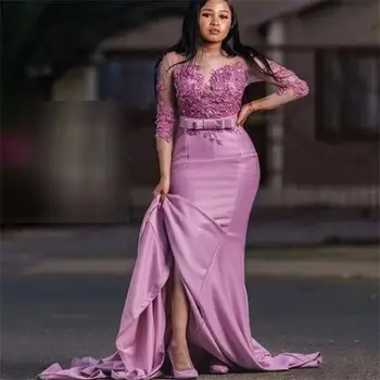 2023 Светло-фиолетовые вечерние платья с длинными рукавами-русалочками, кружевные аппликации, шлейф для женщин, платья для выпускного вечера