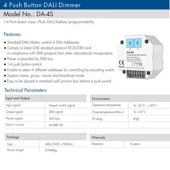 4-кнопочное управление DALI Dimmer Позволяет выбрать 4 разных адреса для управления с помощью переключателя кодирования 4-кнопочное управление DALI Dimmer Позволяет выбрать 4 разных адреса для управления с помощью переключателя кодирования 1