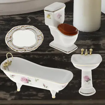 4 предмета в масштабе 1: 12 Керамическая ванна для кукольного домика, игрушки для ванной комнаты