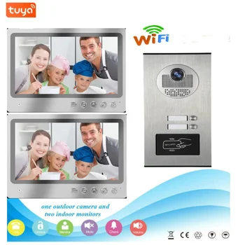 9-Дюймовая домофонная система Tuya WIFI Smart Building с управлением приложением, видеозапись квартирного видеодомофона, 2 устройства дверного домофона, RFID-камера