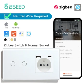 BSEED Zigbee 1/2 / 3Gang Умные Настенные Сенсорные Выключатели света Tuya Google Home Smart Life App Control Plus Французские USB-розетки Type-c