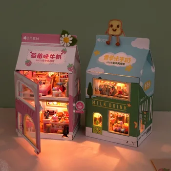 DIY Деревянный мини-торт Спальня Молочный напиток Casa Кукольные домики Миниатюрные строительные наборы с мебелью Легкий кукольный домик для взрослых Подарки