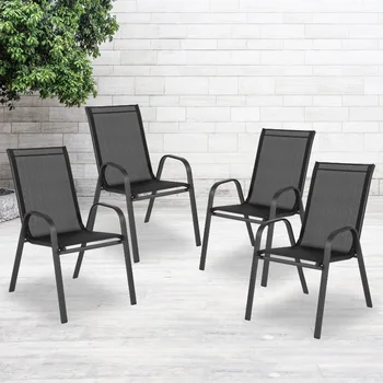 Flash Furniture 4 комплекта черного уличного стула серии Brazos с гибким комфортным материалом и металлическим каркасом