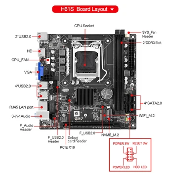 H61 Настольная материнская плата USB 2.0 LGA1155 Материнская плата игрового ПК SATA2.0 Материнская плата компьютера M.2 Память NVME DDR3 WIFI Интерфейс M.2