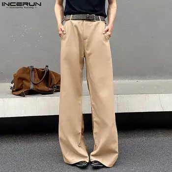 INCERUN 2023, Новые Мужские брюки в Корейском стиле с боковой пряжкой, Расклешенные Широкие брюки, Повседневная Уличная одежда, Однотонные Универсальные брюки S-5XL