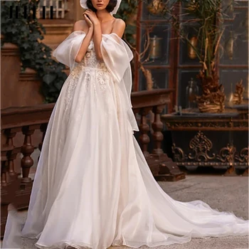 JEHETH Сексуальное свадебное платье с открытыми плечами, Иллюзионный тюлевый бант, свадебные платья трапециевидной формы, кружевные аппликации, элегантные платья для невесты