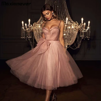 Maxianever Бант-трапеция на тонких бретельках, Розовое тюлевое вечернее платье для вечеринки, Сетчатое платье, Мечтательное платье для выпускного вечера, Драпированное банкетное платье