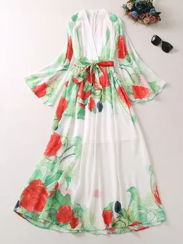 QQ6498 Сексуальное белое платье в европейском и американском стиле с V-образным вырезом, красным цветочным принтом и зелеными листьями, с разрезными рукавами-флай