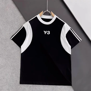 Y-3 Yohji Yamamoto 23SS Летняя Черно-Белая Футболка Контрастных цветов с разрезом И короткими рукавами, Мужской Спортивный Топ Для отдыха