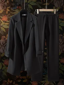 Yitimuceng Однотонный костюм, комплект, женская осенне-зимняя мода 2023, тонкий тренч с длинным рукавом, офисные женские брюки с высокой талией, комплекты из 2 предметов