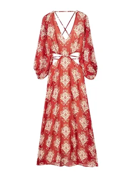 ZADATA, Осеннее женское новое сексуальное платье с открытой спиной, шифоновое платье с принтом в стиле ретро, богемное платье с длинным рукавом
