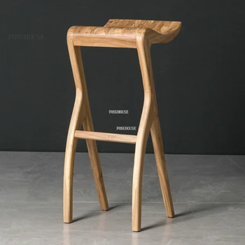 Барные стулья Nordic Creative Барная мебель Роскошная стойка регистрации Высокий барный стул для домашнего кафе Повседневный барный стул из массива дерева A
