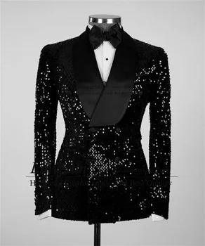 Блестящие черные костюмы с пайетками для мужчин, двубортные Свадебные смокинги для жениха, комплекты из 2 предметов, Мужские блейзеры для выпускного вечера, приталенный костюм Homme