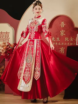 Бордовая манжета с аппликацией в виде ретро-банта, традиционное Китайское женское свадебное восточное платье Ципао, элегантное платье невесты