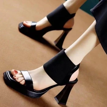 Босоножки на высоком каблуке с квадратным носком, Летние Женские Пикантные туфли-лодочки на толстой подошве В Корейском стиле, Однотонные Вечерние туфли Zapatos De Mujer