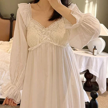 Весенняя ночная рубашка из чистого хлопка, пижамы Принцессы, ночное белье, женское кружевное милое ночное платье с V-образным вырезом и длинными рукавами, Сказочная длинная ночная рубашка