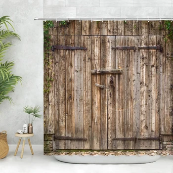 Деревенский Винтажный Комплект штор для душа со старой дверью, ворота сарая, декор из деревянных досок в фермерском доме, Занавески для ванной комнаты с крючками коричневого цвета