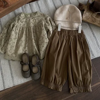 Детская одежда в корейском стиле 2023, весна и осень, новая рубашка с полой куклой для девочек, топ, повседневные однотонные брюки, комплект