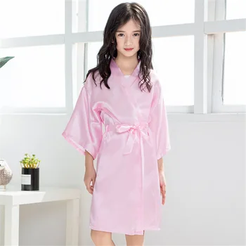 Детский Розовый атласный халат с поясом, пижамы, халат, Летний халат для девочек, однотонная пижама, Мягкий детский халат