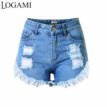 Джинсовые шорты LOGAMI с высокой талией и нерегулярными отверстиями, женские рваные короткие джинсы, повседневные летние пляжные шорты