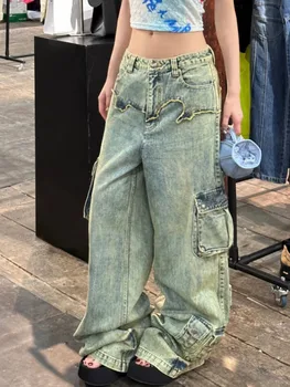 Джинсы-карго с выстиранными карманами, женские модные свободные брюки с прямыми штанинами, американские ретро-хип-хоп Брюки Y2k Hot Girl