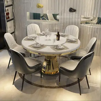 Дизайнерский обеденный стол с поворотным столом, креативный Роскошный золотой каркас из нержавеющей стали, набор для домашнего мраморного круглого кухонного стола Pandora