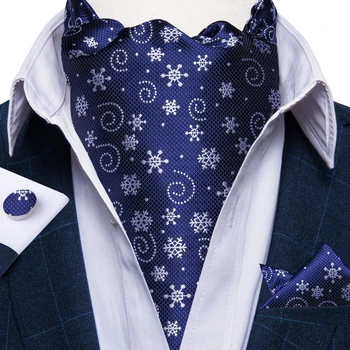 Жаккардовый шелк Темно-синий Рождественский Набор запонок Ascot Snowflake с роскошным карманом и квадратными Запонками, Мужской галстук для вечеринки в стиле Птичий свадебный галстук