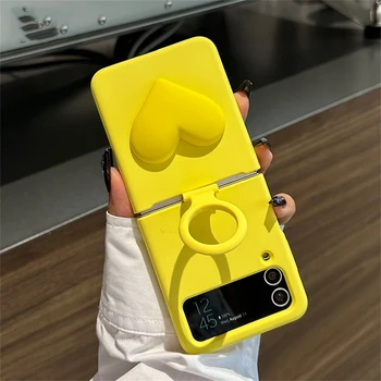 Желтый 3D Жидкий Силиконовый Однотонный Чехол Love Heart с Кольцом для Samsung Galaxy Z Flip4 3 Zflip4 Z Flip 3 4 5G Роскошный Чехол