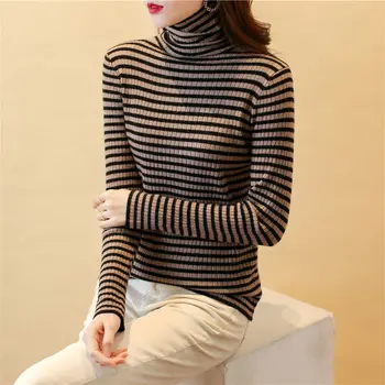 Женская одежда, Модная Вязаная Водолазка, Пуловеры с длинным рукавом, Осенний Модный Повседневный Универсальный полосатый свитер D35