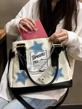 Женская сумка Y2k Aesthetics, холщовая сумка-тоут с цепочкой в виде звезды, модная дизайнерская ретро-сумка для девочек большой емкости Женская сумка Y2k Aesthetics, холщовая сумка-тоут с цепочкой в виде звезды, модная дизайнерская ретро-сумка для девочек большой емкости 3