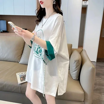 Женская футболка с короткими рукавами в корейском исполнении, свободный летний женский контрастный топ средней длины на шнуровке