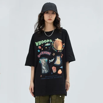 Женская хлопковая футболка с принтом кота, уличная одежда в стиле харадзюку, мужская футболка оверсайз с коротким рукавом, футболка унисекс, топы в готическом стиле