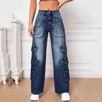 Женские брюки, широкие джинсы, эластичные джинсы с высокой талией и прямыми штанинами, свободные джинсовые брюки на пуговицах с карманом, женская одежда