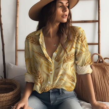 Женские рубашки с 3D-печатью из пшеницы, Темпераментная элегантная рубашка, модная рубашка с пуговицами, Весенне-осенняя простая рубашка с длинными рукавами