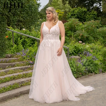 Женские свадебные платья JEHETH розового цвета без рукавов, большие размеры, платья для невесты трапециевидной формы с V-образным вырезом и открытой спиной, кружевная аппликация, vestidos de novia