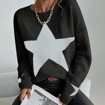 Женский пуловер Y2K, свитер с резьбой, повседневный вязаный осенний топ свободного кроя с круглым вырезом и длинными рукавами со звездным принтом, топ с заниженными плечами