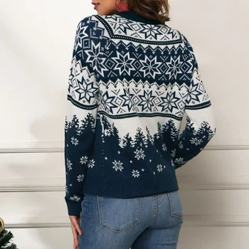 Женский трикотажный свитер свободного кроя с рисунком снежинки, вязаный топ, свитер с круглым вырезом, длинный рукав, Рождественский стиль, повседневная одежда