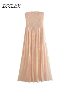 Женское Летнее платье Traf, Сказочно-розовое кружевное платье с блестками, длинное платье без бретелек, эластичный пояс, обертывание груди, вечернее платье, Милое платье