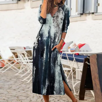 Женское Макси-платье, повседневная печать краской для галстука, пляжное платье с разрезом на подоле и карманом, винтажное длинное платье с V-образным вырезом, осенняя женская одежда
