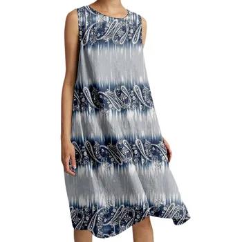 Женское стрейчевое пляжное платье из хлопка и льна, удобное повседневное платье с цветочным принтом, длинное платье, повседневное платье