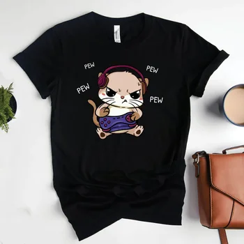 Игровая футболка с котом Kitty Funny Cat Videogame Video Gamer, Женская футболка с коротким рукавом, Эстетичный Топ С Круглым вырезом, Футболка y2k, Прямая доставка