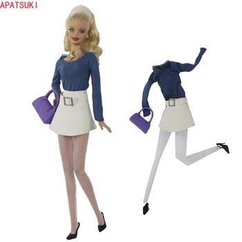 Комплект летней одежды для куклы Барби Темно-синий топ, белая кожаная юбка, колготки, обувь, Сумочка для куклы Barbie 1/6 BJD, аксессуары для куклы